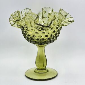 VTG Fenton Compote Candy Dish Colonial Green Hobnail Crimped Ruffled Rim